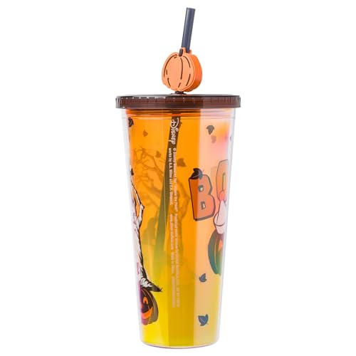 Silver Buffalo Disney Winnie the Pooh Spooky Witch Halloween Plastic Cold Cup with Lid and Festive Jack-O-Lantern Straw Topper,